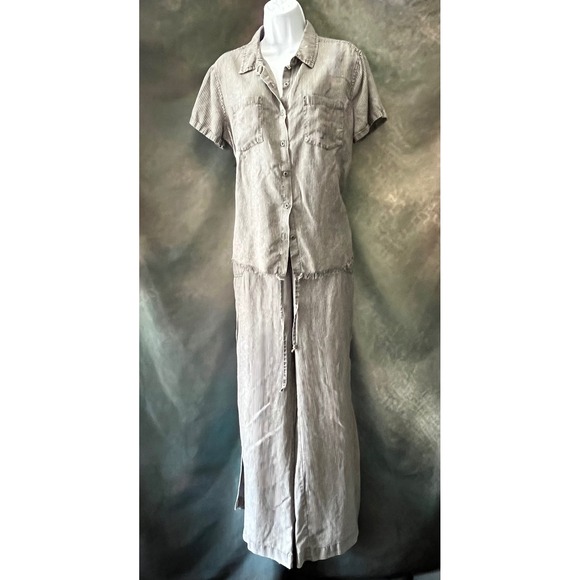 Billy T Women's Large Striped Two Piece Lounge Set Lyocell Shirt Pants Slit Leg - Picture 1 of 7